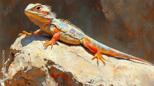 A colorful lizard basking on a rock in a natural setting.