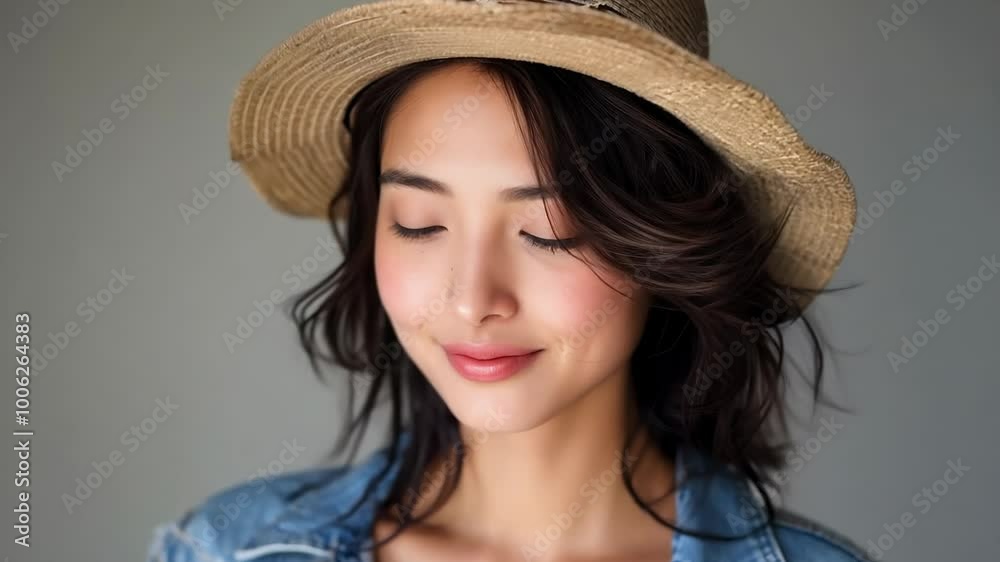 Young Woman with Straw Hat Smiling in Slow Motion Close-Up Young Woman with Straw Hat Smiling in Slow Motion Close-Up