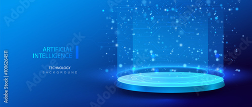 Hologram sci-fi Ai podium on blue background. Stage teleport artificial intelligence with neon light circles. Fantasy futuristic technology high tech platform. Vector illustration.	