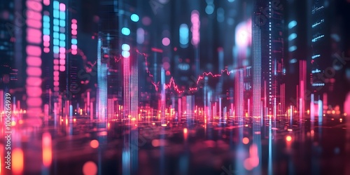 Wallpaper Mural Fintech visualization featuring neon financial graphs and glowing trading charts, set against a blurred bokeh background, representing a high-tech investment interface with vibrant colors. Torontodigital.ca