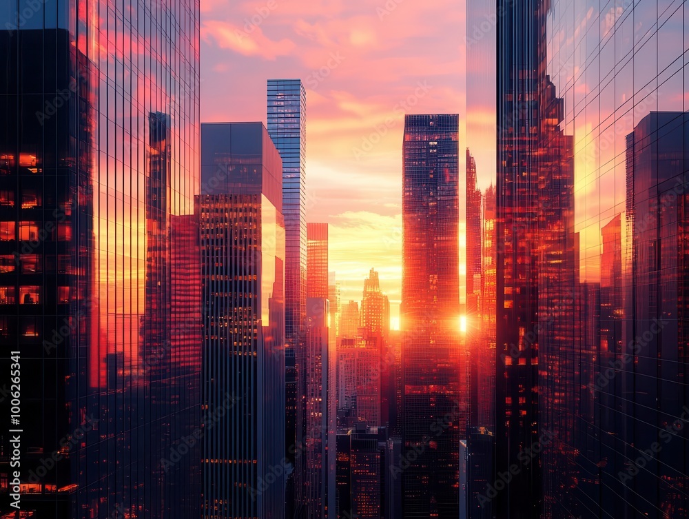 Obraz premium City skyscrapers reflecting sunset, warm lighting, sleek design, dynamic angles, high contrast, realism