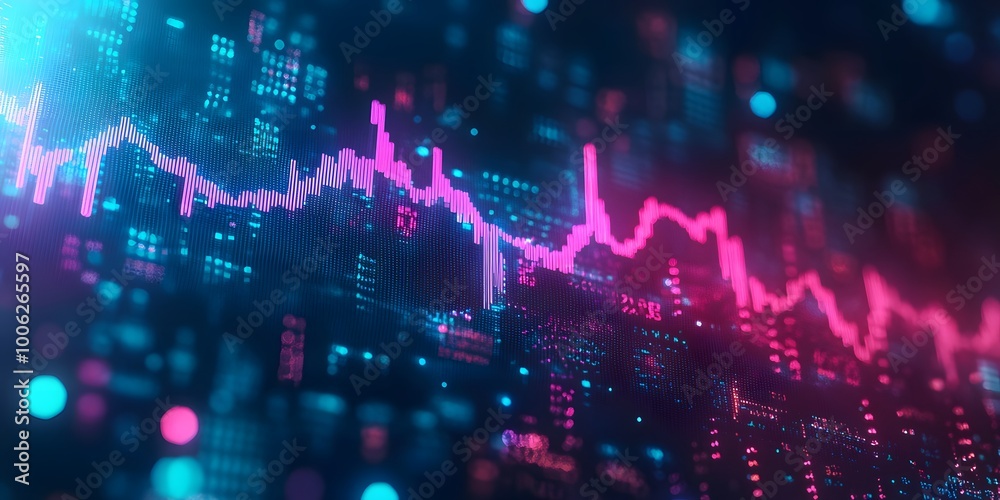 Fototapeta premium Fintech visualization featuring neon financial graphs and glowing trading charts, set against a blurred bokeh background, representing a high-tech investment interface with vibrant colors.