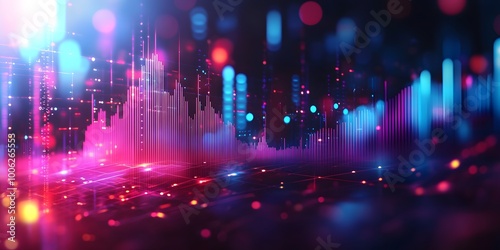 Fintech visualization featuring neon financial graphs and glowing trading charts, set against a blurred bokeh background, representing a high-tech investment interface with vibrant colors.