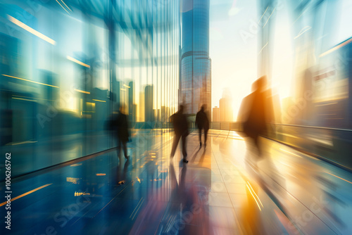 Blurred business people walking in office with skyscraper in background