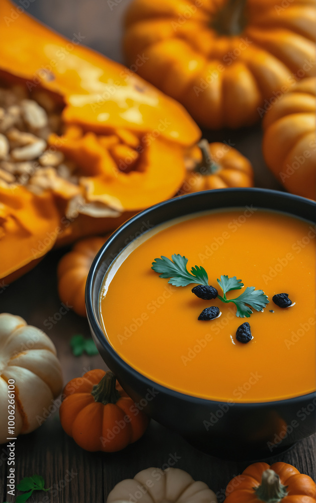 Bowl of pumpkin cream soup. Delicious home cooking. Autumn mood. Recipes for home cooking. Bowl of pumpkin cream soup. Delicious home cooking. Autumn mood. Recipes for home cooking.