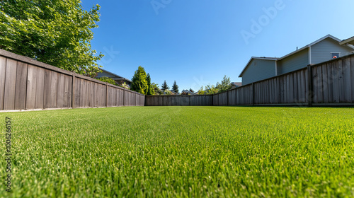 Fenced backyard on private property. Green grass. Wooden fence.