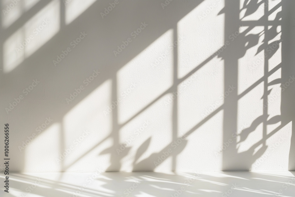 Overlay of window and plant shadows on white room background, for overlay on product presentation, backdrop and mockup Overlay of window and plant shadows on white room background, for overlay on product presentation, backdrop and mockup