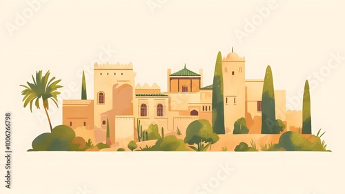 Watercolor illustration of castle. Mediterranean town. Arabic town illustration. Watercolor sketch of stylish arabian town.