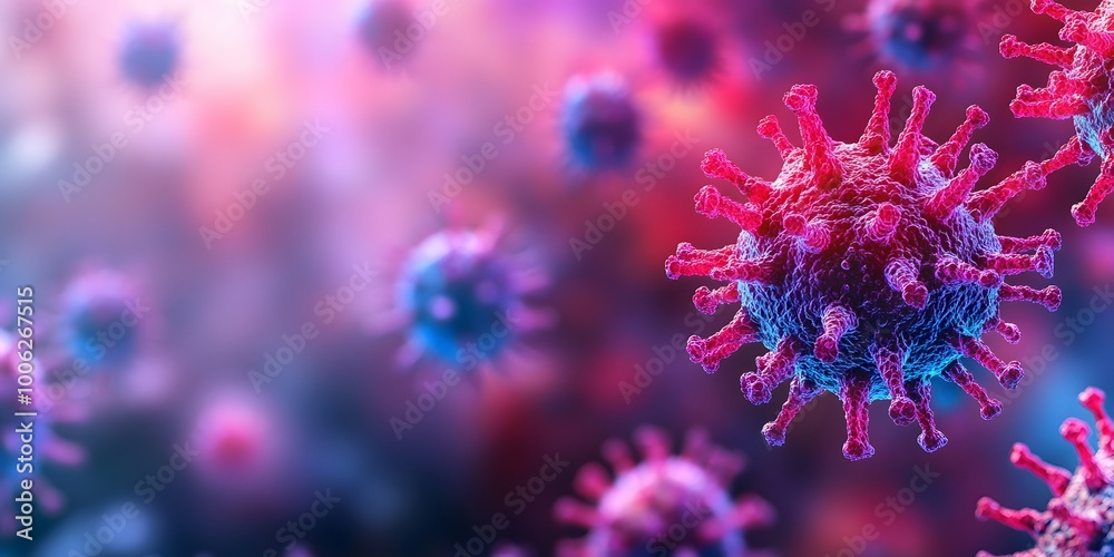 3D rendered microscopic view of colorful virus particles, showcasing a red spiky coronavirus and blue-purple microorganisms, presented in a cellular environment with vibrant colors. 3D rendered microscopic view of colorful virus particles, showcasing a red spiky coronavirus and blue-purple microorganisms, presented in a cellular environment with vibrant colors.