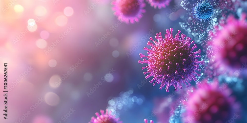 3D rendered microscopic view of colorful virus particles, showcasing a red spiky coronavirus and blue-purple microorganisms, presented in a cellular environment with vibrant colors. 3D rendered microscopic view of colorful virus particles, showcasing a red spiky coronavirus and blue-purple microorganisms, presented in a cellular environment with vibrant colors.