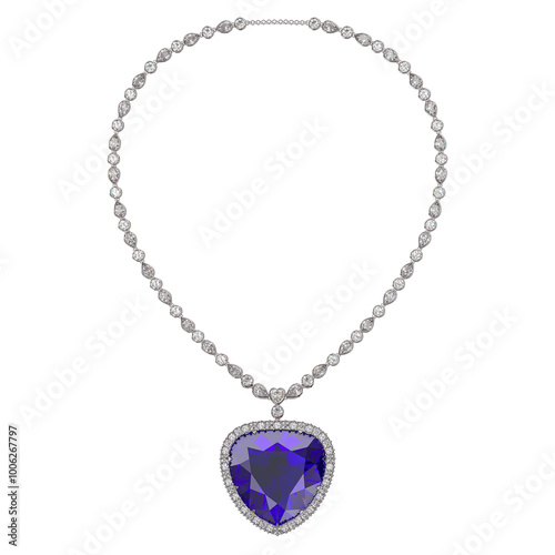 Luxurious necklace made of diamonds and blue sapphire in the shape of heart. Isolated chain on transparent background. Jewelry showcase. 3d rendering.