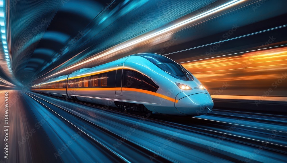 High-speed train on a sleek track, vibrant motion blur, soft lighting, futuristic design, photo-realism High-speed train on a sleek track, vibrant motion blur, soft lighting, futuristic design, photo-realism