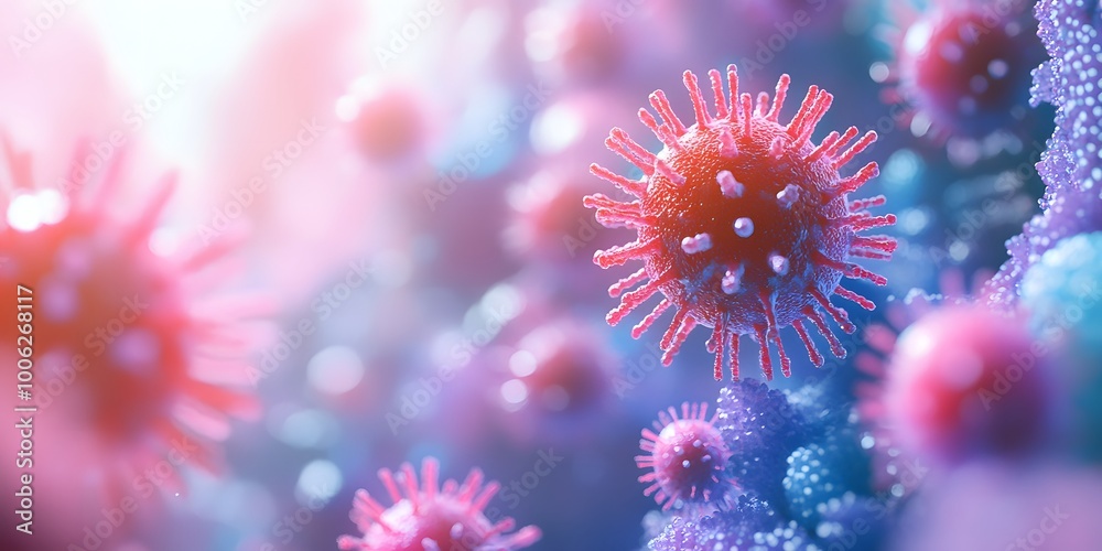 3D rendered microscopic view of colorful virus particles, showcasing a red spiky coronavirus and blue-purple microorganisms, presented in a cellular environment with vibrant colors.