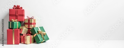 Christmas presents stacked against white background, festive holiday gifts concept