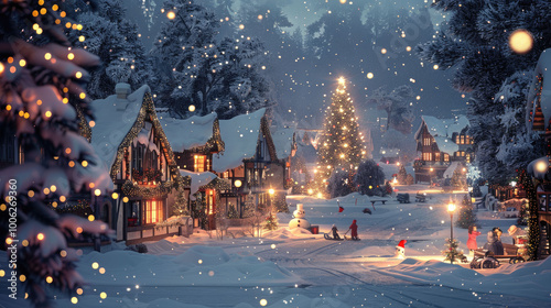 Small village covered in snow on Christmas evening. The houses are decorated with garlands. In the center of the village is a large Christmas tree. Children are sledding and molding snowmen. photo
