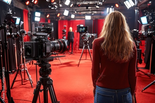 A Filmmaker Prepares to Capture a Scene on a Red Carpet Set photo