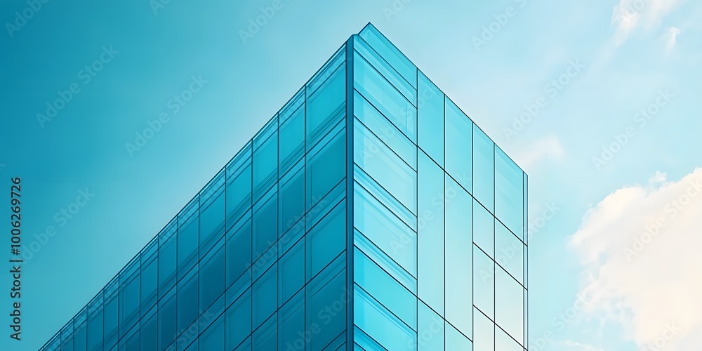 Modern blue glass skyscraper featuring a geometric facade and reflective surfaces against a clear sky with soft pastel clouds, showcasing contemporary urban architecture in minimalist design. Modern blue glass skyscraper featuring a geometric facade and reflective surfaces against a clear sky with soft pastel clouds, showcasing contemporary urban architecture in minimalist design.