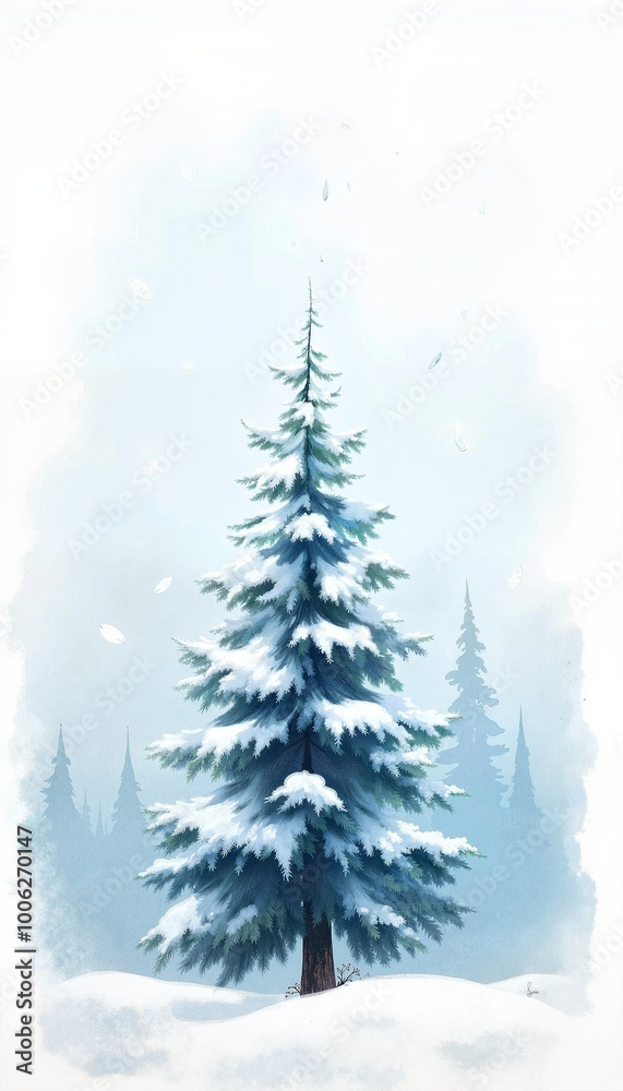 Fototapeta premium Snow-covered Pine Tree in Misty Winter Landscape with Copy Space