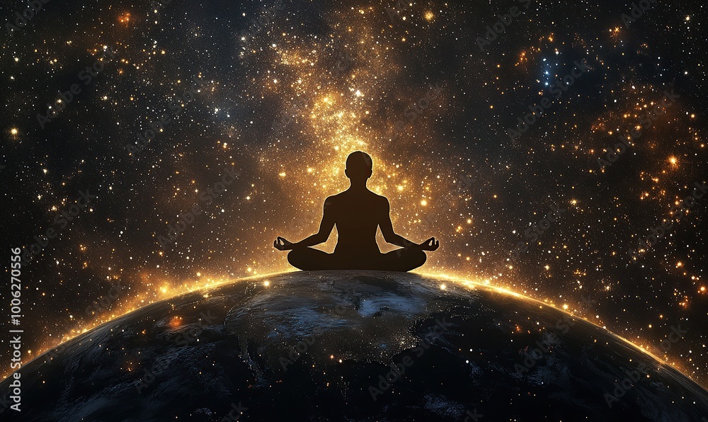 A person meditating on top of the Earth, with an abstract background depicting space and stars A person meditating on top of the Earth, with an abstract background depicting space and stars