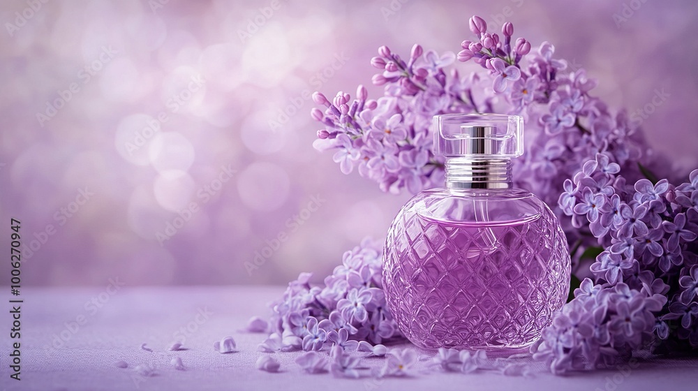 Elegant Purple Bottle Surrounded by Lilac Flowers Elegant Purple Bottle Surrounded by Lilac Flowers