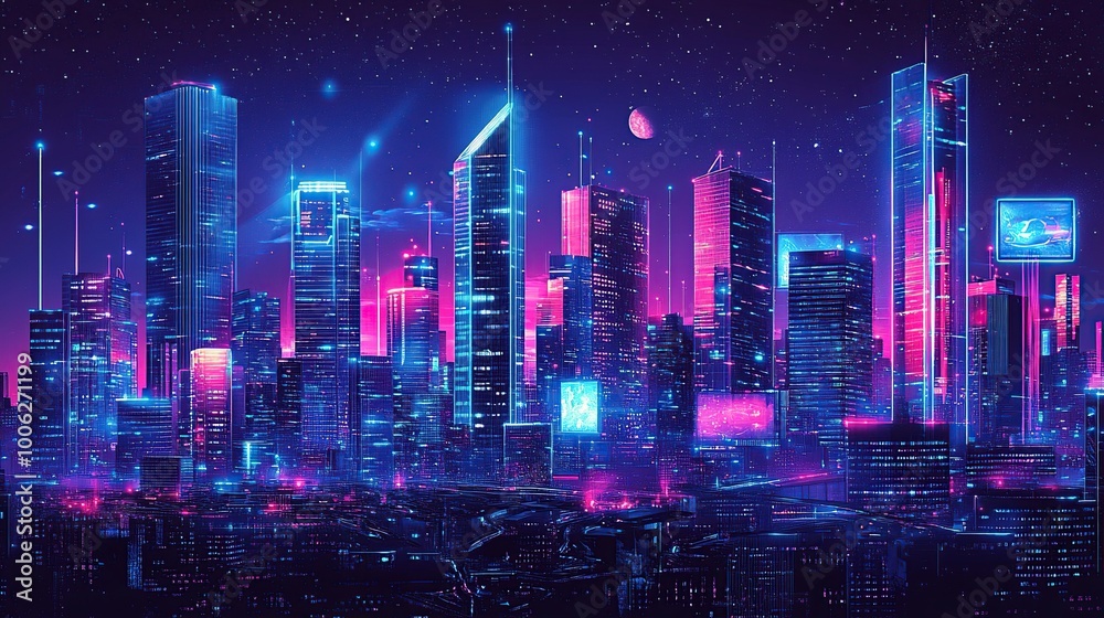 An isometric illustration of a sprawling futuristic city skyline at night.