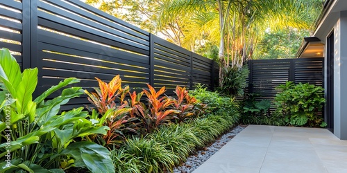 Modern dark gray horizontal slat fence in a backyard with lush tropical plants, evening sunlight illuminating a paved patio, minimalist landscaping creating a tranquil atmosphere with clean lines.