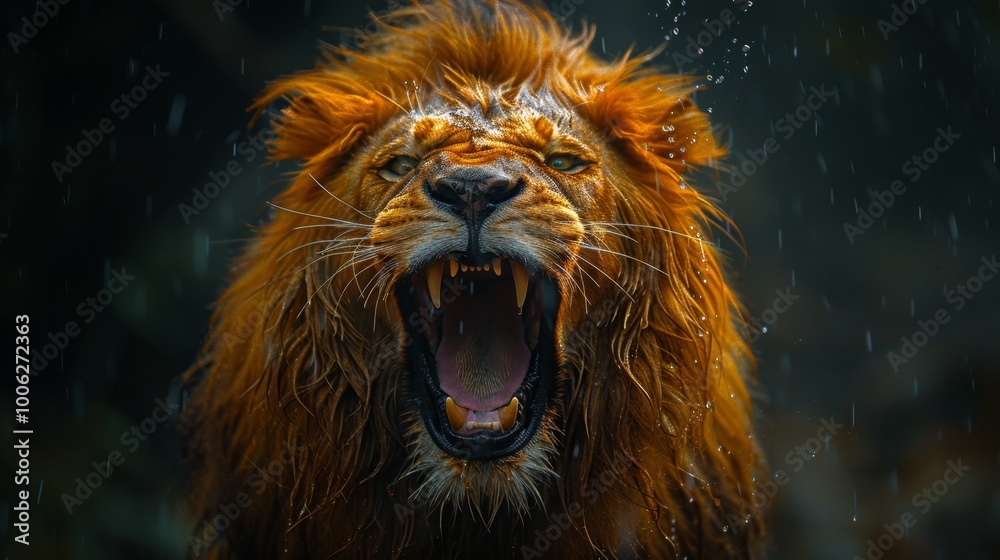 Fototapeta premium Roaring male lion. An angry lion with an open mouth. expression of anger. Portrait of a big male lion with open mouth on a dark background. 