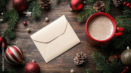 mockup photo of an empty letter laying on the table surrounded by christmas decorations hot chocolate inna red cup photo