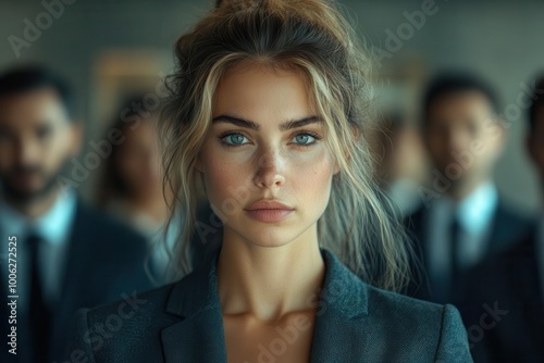 portrait of a businesswoman with a stern expression flanked by her serious team against the backdrop of a modern office featuring a dynamic city view