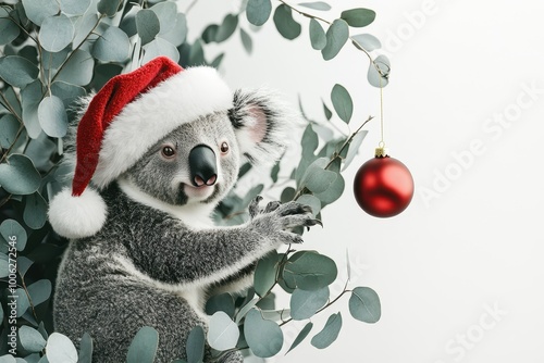 A koala bear wearing a Santa hat is picking up a Christmas ball