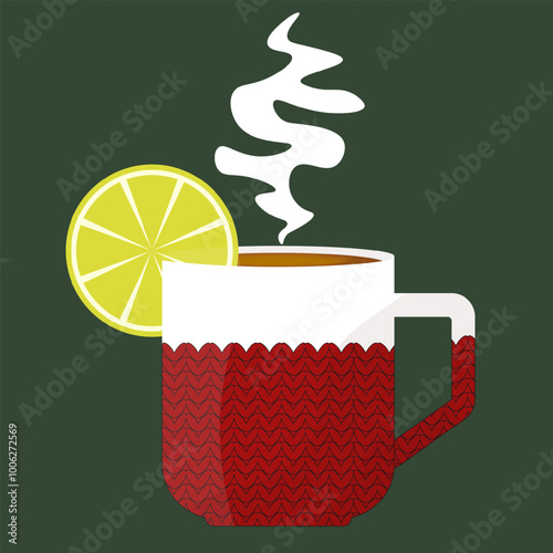 A cup of hot tea in a knitted case with lemon slice and steam. Vector tea cup isolated green. EPS 10