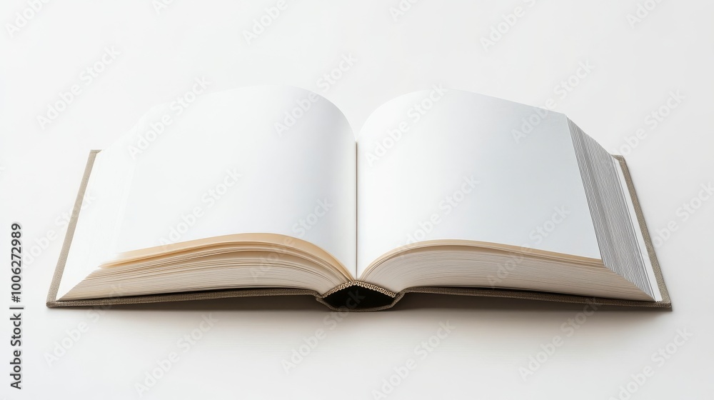 Open book lying on a white table with blank pages Open book lying on a white table with blank pages