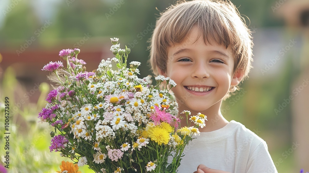 Happy Child with Colorful Flower Bouquet Happy Child with Colorful Flower Bouquet