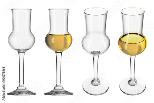 Glass of grappa on the isolated transparent background. Set of empty glasses and with drink in different angles. Bar theme. 3d rendering.