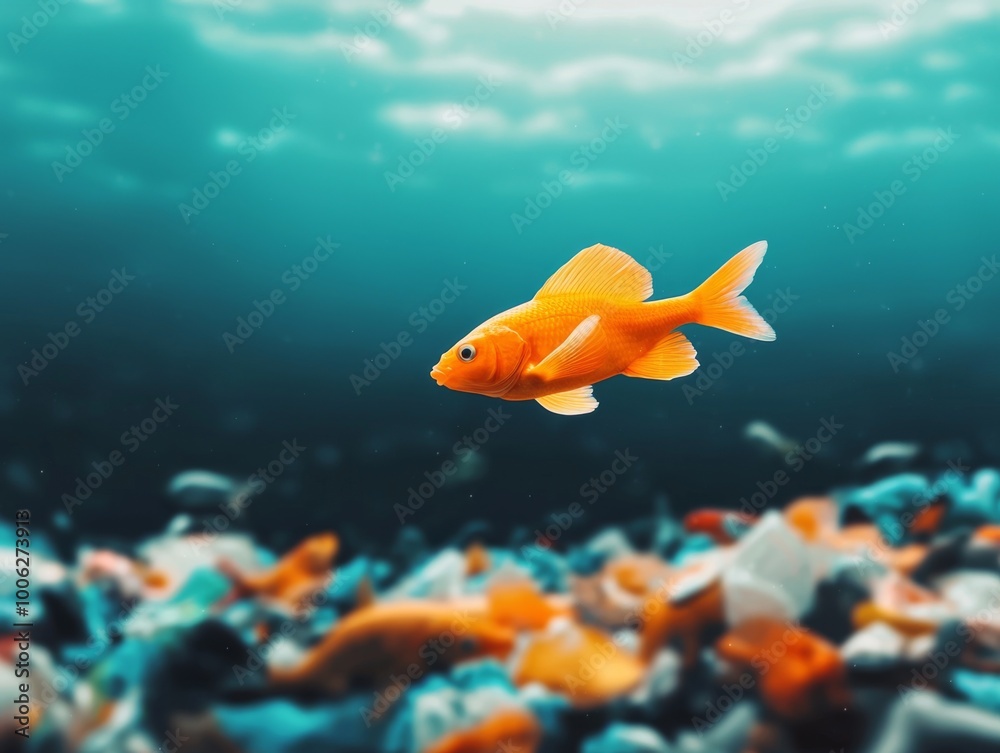 Naklejka premium Colorful Fish Swimming Through Plastic Waste in the Sea