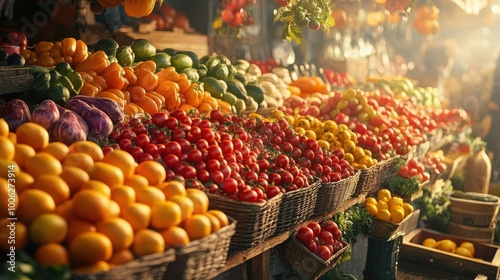 Sustainable food systems with farmers markets, vibrant produce, soft lighting, earthy tones, photo-realistic