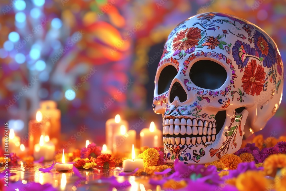 the day of the dead skeleton is smiling in the candlelight bokeh style background the day of the dead skeleton is smiling in the candlelight bokeh style background