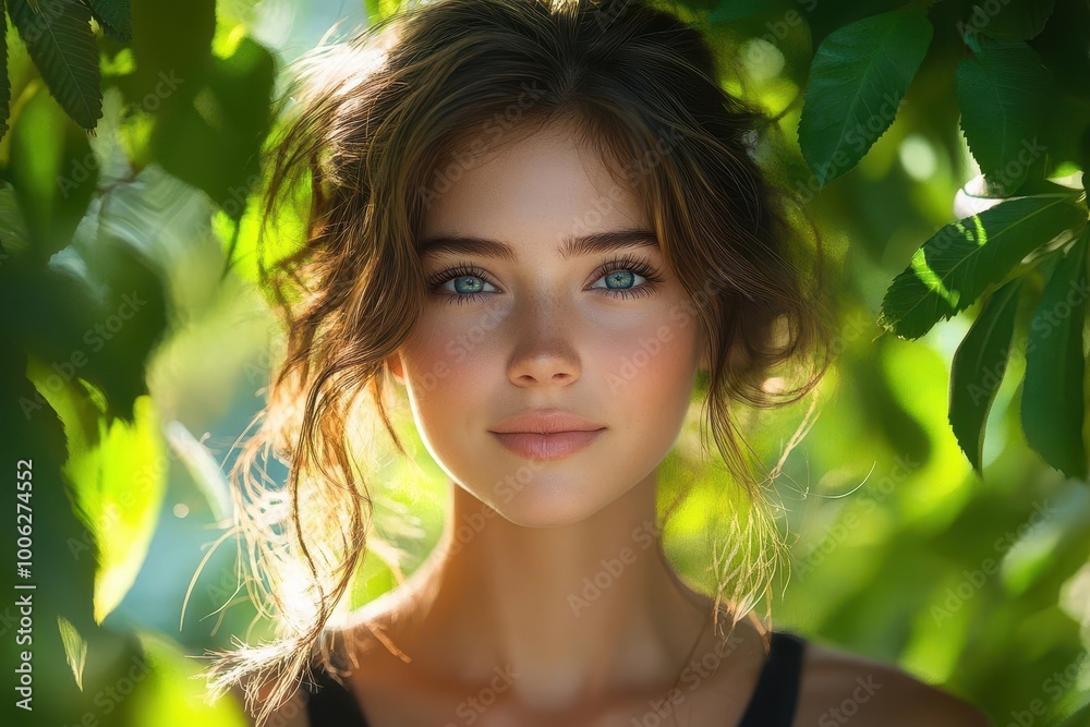 portrait of a woman illuminated by warm sunlight surrounded by lush greenery her joyful smile reflecting the tranquility and bliss of a serene natural environment portrait of a woman illuminated by warm sunlight surrounded by lush greenery her joyful smile reflecting the tranquility and bliss of a serene natural environment