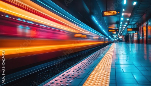 Train station commute with vibrant lights, dynamic movement, soft lighting, modern design, high contrast