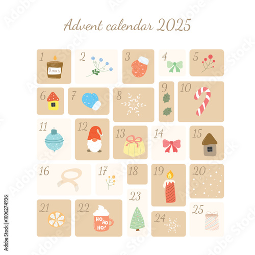2025 December advent calendar design concept. Happy isolated objects, New Year calendar