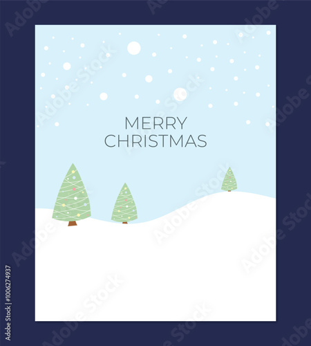 Merry Christmas holiday card concept, snowy landscape with Christmas trees on light blue background