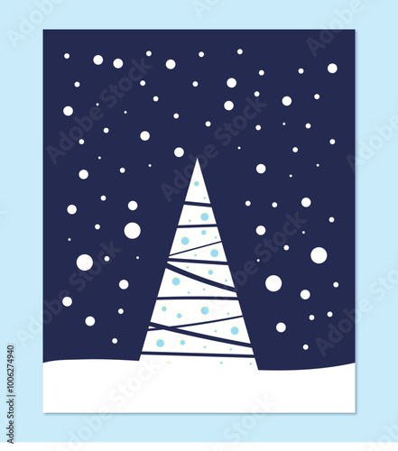 Merry Christmas holiday card concept, abstract Christmas tree on dark blue background.