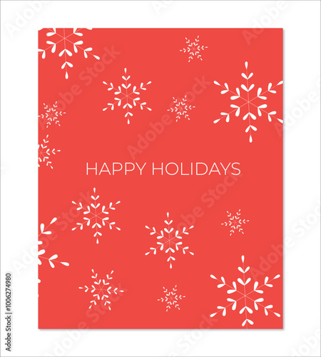 Happy Holidays minimal card concept, snowflakes on red background 