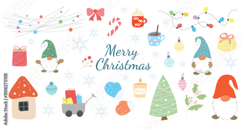 Merry Christmas holiday objects set, vector illustration in flat style