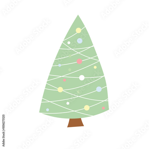 Christmas tree decorated with light, simple flat illustration in flat style