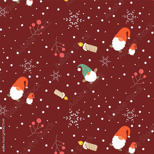 Cute Christmas cozy seamless pattern on red background, vector illustration