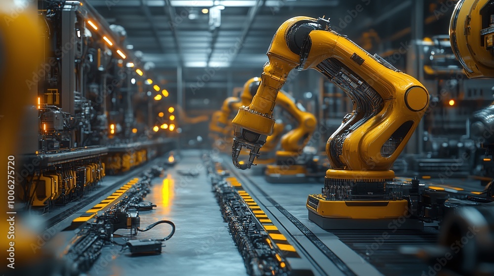 Fototapeta premium industry 4.0 smart factory interior emphasizing advanced robotics, automation, and machinery in a futuristic industrial environment, illustrating innovation, engineering, and production efficiency