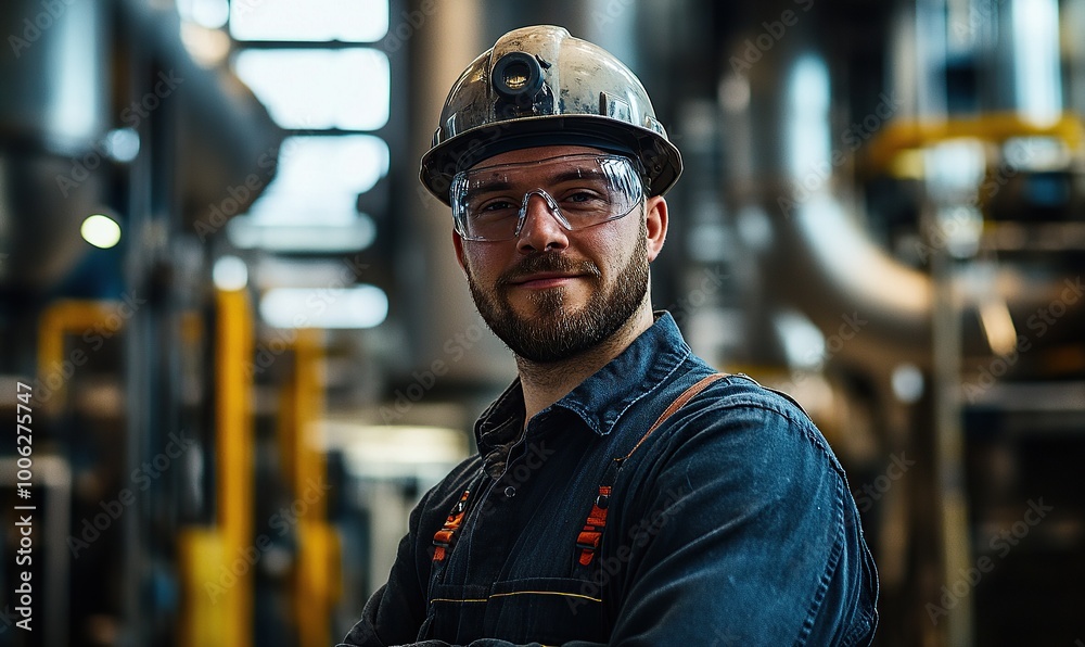 A portrait of an industrial worker wearing safety glasses and a helmet A portrait of an industrial worker wearing safety glasses and a helmet