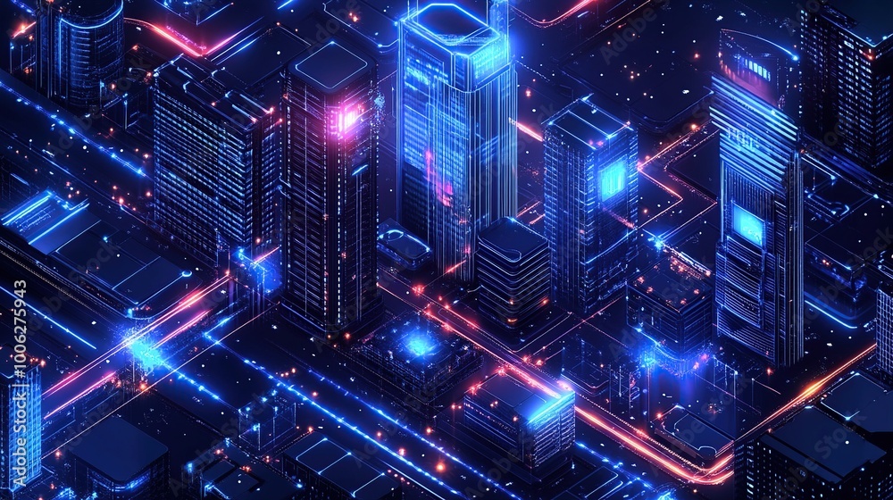 Fototapeta premium An isometric illustration of a sprawling futuristic city skyline at night.