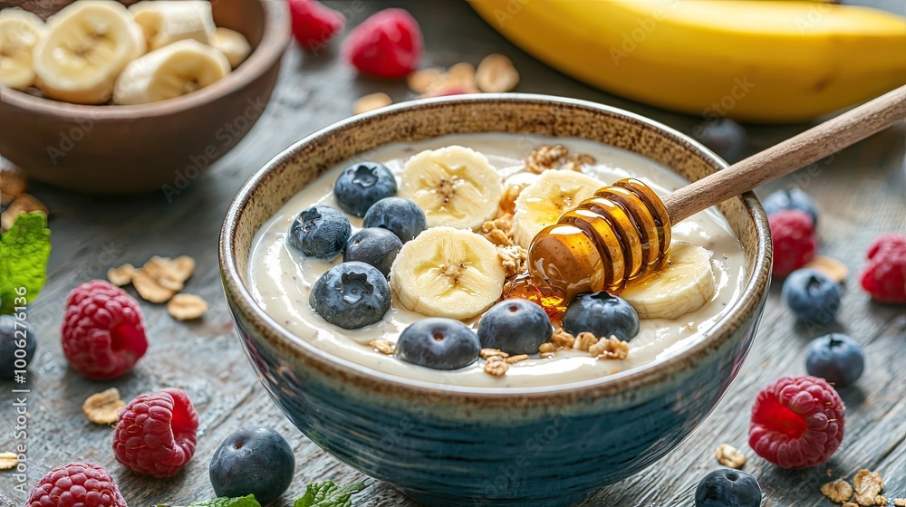photo of a bowl of yogurt with blue berries, raspberries, peanutbutter, honey, with bananas in the background photo of a bowl of yogurt with blue berries, raspberries, peanutbutter, honey, with bananas in the background